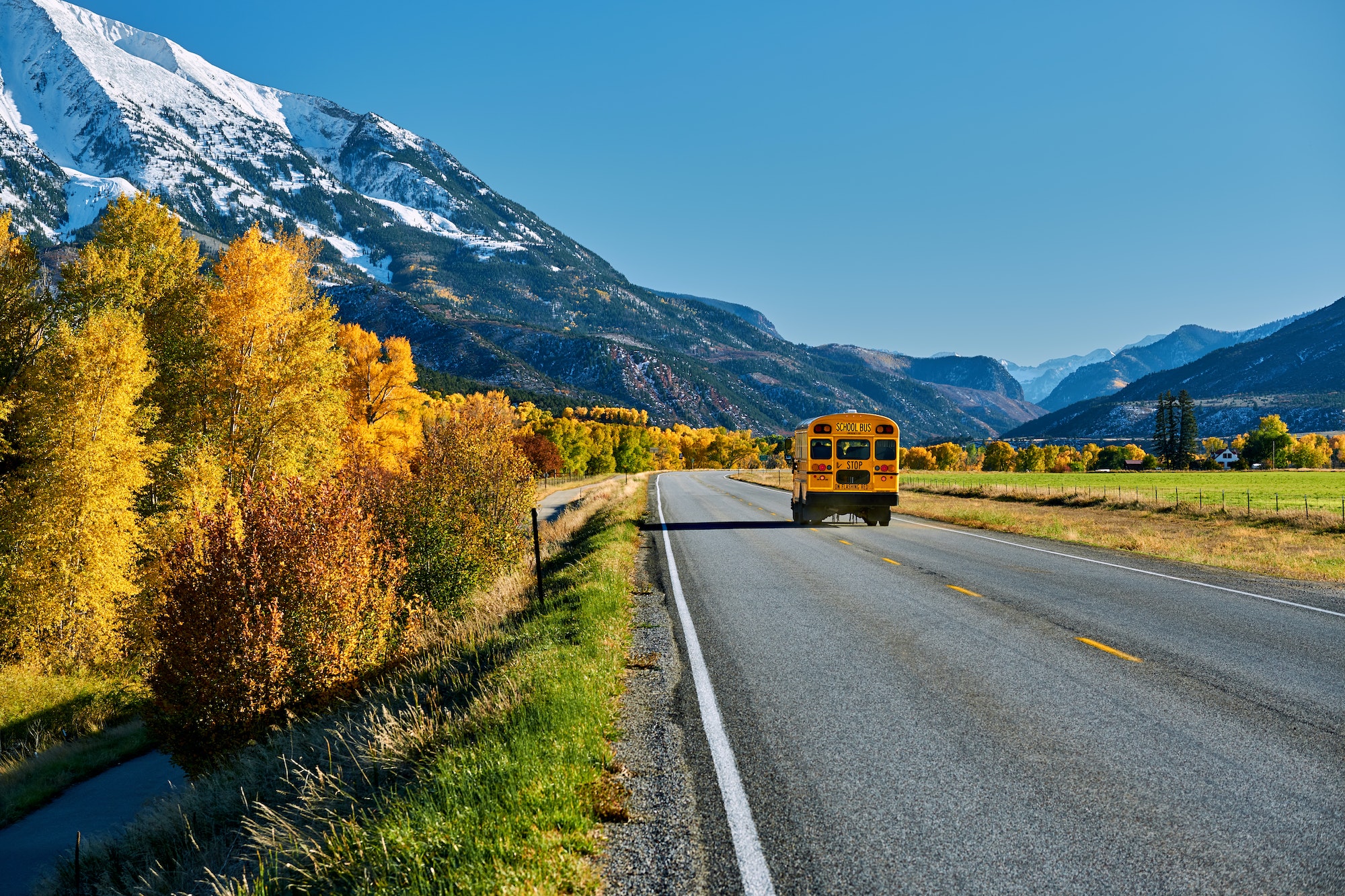 School bus on highway in Colorado at autumn